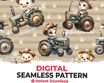 Animals in Tractor Seamless Pattern: Sublimation DTF File (Digital) - 33091