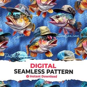 May include: A seamless pattern featuring a repeating design of colorful fish wearing hats. The fish are depicted in a cartoon style with bright colors and detailed features. The background is a blue and white textured pattern.