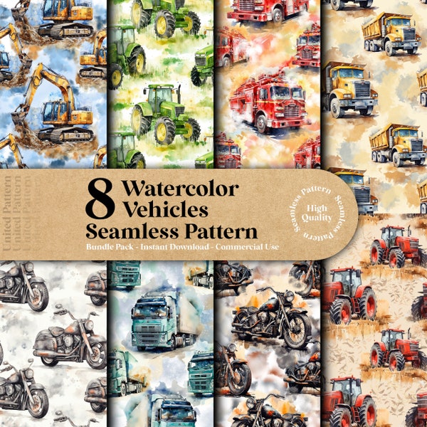 8 Watercolor Vehicles for boys Seamless Digital Patterns Big Bundle Sublimation Tumbler Wrap Printable Digital Paper