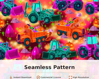 Halloween Construction Trucks Neon Seamless Pattern | 34112