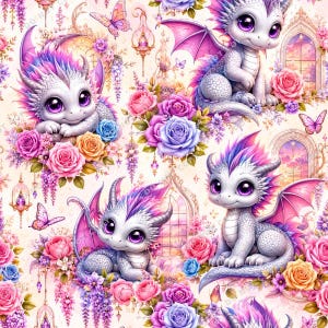 May include: A repeating pattern featuring small white dragons with purple accents, large purple eyes, and wings, surrounded by pink, blue, and orange roses, hanging floral vines, butterflies, and ornate arched window frames on a light background.