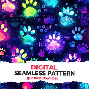 May include: A seamless digital pattern featuring colourful paw prints on a dark blue background. The paw prints are in various shades of pink, blue, green, and yellow, and they are arranged in a random pattern. The background is a dark blue with a subtle texture.