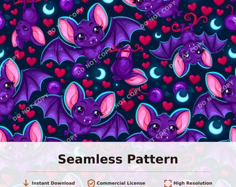 Purple Bat and Heart Seamless Pattern | 34089