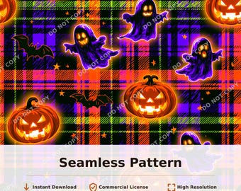 Halloween Ghost Pumpkin Plaid Seamless Pattern | 34135
