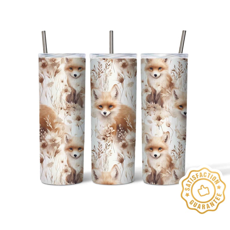 May include: Three stainless steel tumblers with a white background and a repeating pattern of brown foxes and flowers. The tumblers have lids and straws.