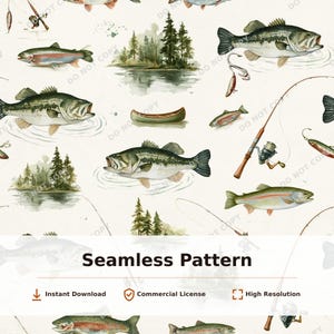 Può includere: Un motivo senza giunture con illustrazioni ad acquerello di persici trota, trote iridee, canne da pesca, esche, canoe e laghi circondati da pini. Il design include il testo Seamless Pattern, Instant Download, Commercial License e High Resolution.