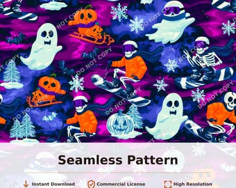 Halloween Skeletons and Ghosts Seamless Pattern Purple Orange Snowflakes Skiing Theme | 34109