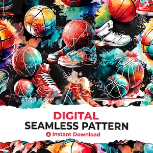 May include: A seamless pattern featuring basketballs and sneakers in a watercolor style. The background is black with colorful watercolor splatters. The basketballs are red, orange, and blue, and the sneakers are red, white, and blue.