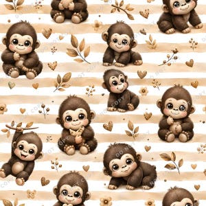 May include: A repeating pattern featuring brown cartoon monkeys with large eyes, interspersed with small brown hearts, delicate leafy branches, and tiny flowers against a background of horizontal beige and white stripes.