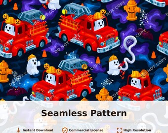 Halloween Fire Truck Seamless Pattern Ghosts Pumpkins Fire Hydrants Red Trucks | 34113