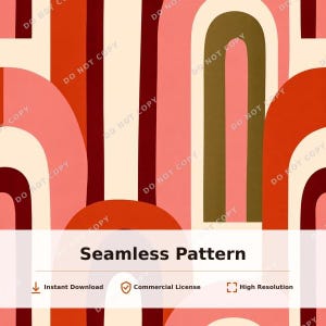 Puede incluir: Un patrón continuo con formas verticales y arqueadas repetidas en tonos rojo oscuro, naranja, rosa y crema. El texto Seamless Pattern aparece centrado en una banda horizontal blanca, junto a iconos de descarga y licencia.