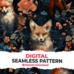 Digitalt sömlöst blommönster med räv: Tumbler Wrap, tygdesign (digitalt papper) - 32361