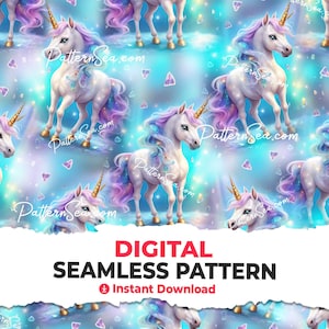 May include: A seamless pattern featuring a white unicorn with a pink and purple mane and tail. The unicorn is standing on a blue background with sparkling stars and scattered crystals.