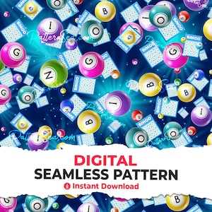 May include: A seamless digital pattern featuring colourful bingo balls with numbers on a blue background with white bingo cards. The pattern is perfect for creating fabric, wallpaper, or other crafts.