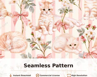 Sleeping Kittens Floral Bow Stripes Seamless Pattern | 34034