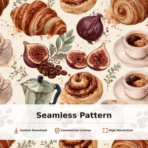 Pode incluir: Um padrão contínuo com ilustrações em aguarela de croissants dourados, rolos de canela, figos roxos escuros, grãos de café, uma cafeteira moka prateada e chávenas de café num fundo creme claro com ramos verdes e salpicos de tinta.