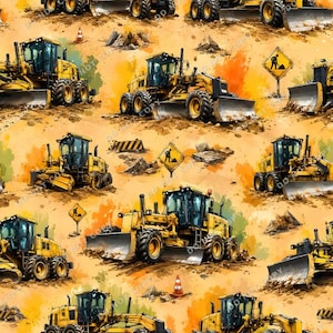 May include: A repeating pattern featuring yellow construction motor graders on a tan background with orange watercolour splashes. The design includes yellow diamond-shaped road work signs with black silhouettes and orange traffic cones.
