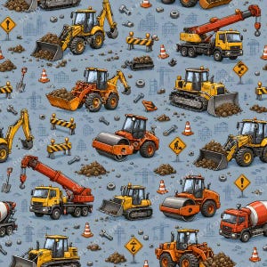 May include: A seamless pattern on a light blue background featuring yellow and orange construction vehicles including excavators, cranes, bulldozers, and cement mixers, interspersed with orange traffic cones, road signs, and metal bolts.