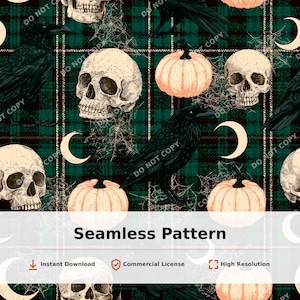 Può includere: Un motivo senza giunture su sfondo scozzese verde scuro con illustrazioni di corvi neri, teschi umani beige, zucche arancione pallido, lune crescenti bianche e ragnatele. Il design include il testo Seamless Pattern.