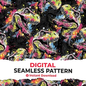 Puede incluir: Un patrón digital sin costuras que presenta un diseño abstracto colorido de dinosaurios con salpicaduras de pintura rosa, amarilla, azul y verde brillantes sobre un fondo negro. El patrón es perfecto para telas, papel tapiz u otros proyectos creativos.