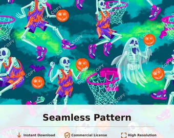Skeleton Halloween Basketball Seamless Pattern | 34110