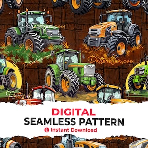 May include: A seamless pattern featuring a repeating design of green, yellow, and red tractors on a brown woodgrain background. The tractors are drawn in a cartoon style and have large wheels.