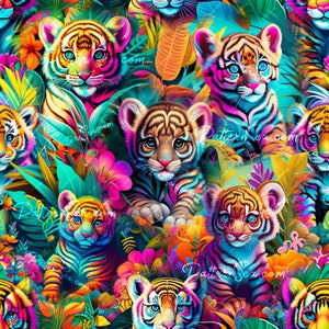 Peut inclure: Un motif sans couture coloré mettant en scène de jeunes tigres vifs aux rayures néon et des fleurs bleu vif, rose et jaune. L'arrière-plan est une jungle tropicale avec des feuilles vertes luxuriantes.