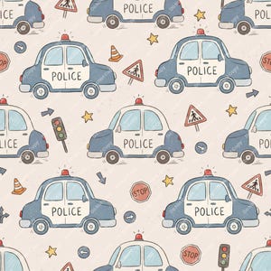 Peut inclure: Motif répétitif de voitures de police bleues et blanches avec le mot « POLICE ». Le motif comprend des panneaux de signalisation, des étoiles, des flèches et des panneaux stop sur fond beige clair.