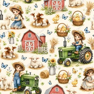 May include: A seamless pattern featuring illustrations of children in straw hats, red barns, green tractors, white lambs, brown calves, yellow chicks in woven baskets, sunflowers in metal pitchers, hay bales, and blue butterflies on a cream background.