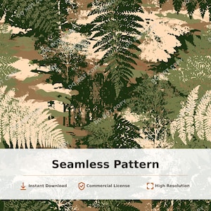 May include: A seamless pattern featuring a dense forest foliage design with layered fern leaves and tree silhouettes in shades of dark green, olive, brown, and cream. The text Seamless Pattern is centred at the bottom with icons below.