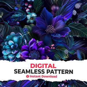 May include: A seamless digital pattern featuring a dark blue and purple floral design. The flowers are stylised and have a glowing effect. The background is a dark green and black.