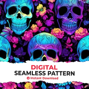 May include: A seamless digital pattern featuring colourful, neon skulls and flowers on a black background. The skulls have a gradient of blue, purple and pink colours. The flowers are in shades of pink, yellow and blue.