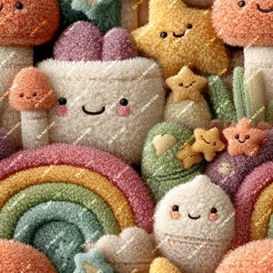 May include: A colorful plush rainbow with a fluffy white cloud and a star with a smiling face. There are also other plush toys in the background, including a mushroom and a flower.