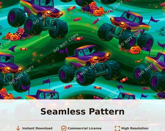 Monster Trucks Halloween Seamless Pattern Purple Green Orange | 34115