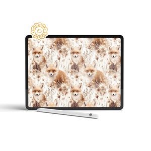 May include: A digital illustration of a repeating pattern featuring watercolor foxes and foliage in shades of brown and beige on a white background.