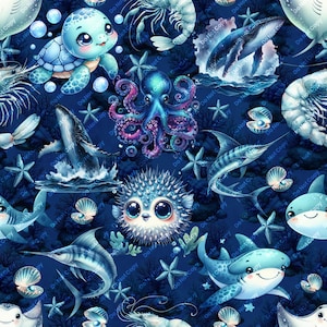 May include: A whimsical, repeating pattern featuring various marine life on a dark blue background. The design includes cartoon-style illustrations of a turtle, octopus, whales, sharks, and starfish. The overall theme is aquatic and playful.