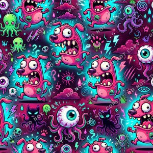 May include: A vibrant, repeating pattern featuring cartoon dogs, eyeballs, octopuses, and other quirky creatures. The design uses bright pink, green, and blue colors against a dark background, creating a playful and energetic aesthetic.