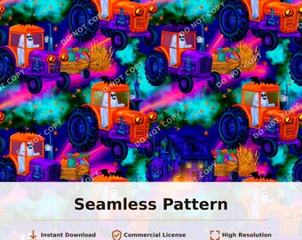Halloween Tractor Seamless Pattern Orange Purple Ghost Farm Scarecrow Pumpkins | 34120
