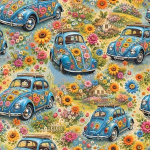 Vintage VW Beetle Floral Seamless Pattern: Boho Car Digital Download