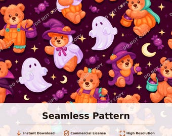 Halloween Teddy Bears Ghosts Pumpkins Seamless Pattern | 34090