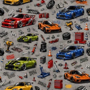 May include: A gray fabric pattern featuring various sports cars in red, blue, orange, and yellow, interspersed with automotive tools like wrenches, tires, jacks, traffic cones, and Route 66 signs. The design includes text such as Garage and Speed.