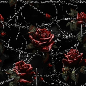 May include: A seamless pattern featuring dark red roses intertwined with barbed wire on a black background.