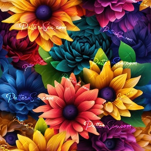 May include: A seamless pattern featuring vibrant, colorful flowers in a rainbow gradient. The flowers are stylized and have a 3D effect. The pattern is perfect for fabric, wallpaper, or other decorative projects.