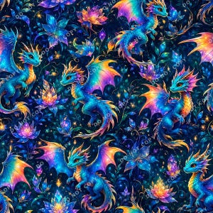 Può includere: Un motivo continuo che raffigura piccoli draghi blu con ali iridescenti nelle tonalità del viola, arancione e giallo, intervallati da fiori luminosi simili a loti e fogliame scintillante su uno sfondo blu scuro.