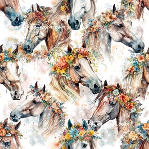 May include: A seamless pattern featuring watercolour illustrations of horses with floral crowns. The horses are in various poses, with their heads turned to the side. The flowers are in shades of pink, yellow, orange, and blue. The background is a white watercolour wash.