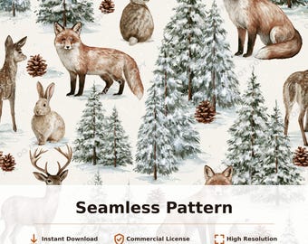 Winter Forest Fox Deer Rabbit Seamless Pattern | 34024