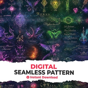 May include: A digital seamless pattern featuring a dark background with a variety of colorful, intricate illustrations of dragons, flowers, and other mythical creatures. The pattern is perfect for use in a variety of creative projects, such as fabric, wallpaper, and digital design.