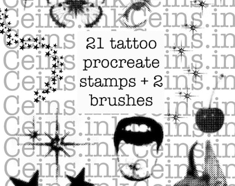 23 Stamp tattoo procreate designs, line work dotwork tattoo flash