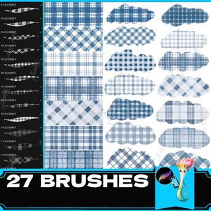 May include: A set of 27 digital brushes featuring various blue and white plaid patterns. The brushes are designed for use in digital art and design applications. The image also includes the text "27 BRUSHES".