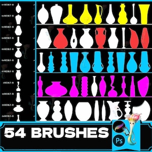 May include: A set of 54 digital brushes for Adobe Photoshop, featuring various shapes and styles of vases, bottles, and jars. The brushes are in a variety of colors, including red, blue, green, yellow, and black.